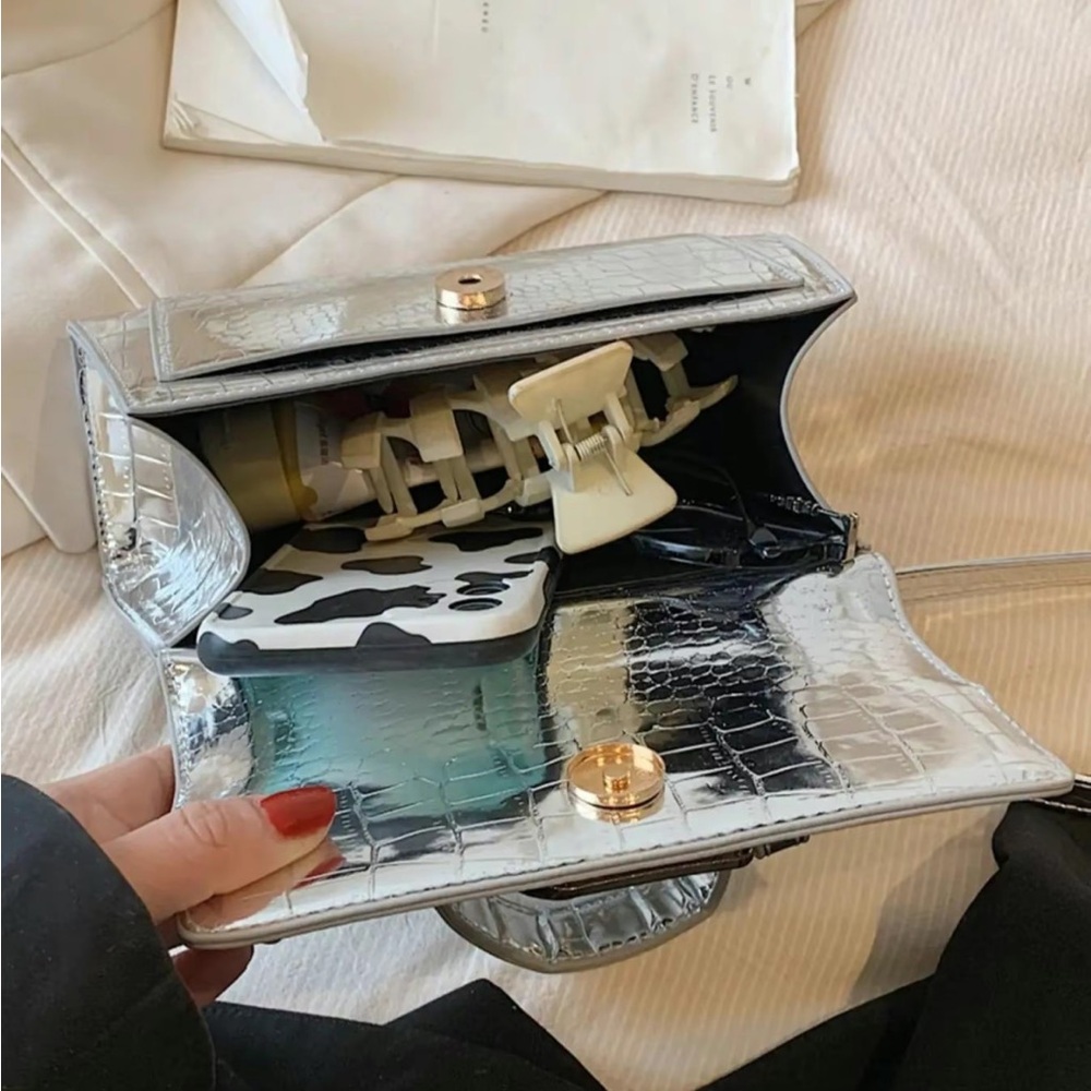 Silver Crocodile-Embossed Women's Bag